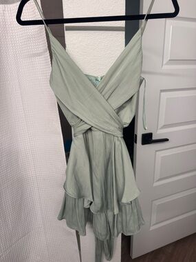 Light Sage Green Spaghetti Strap Wrap Dress